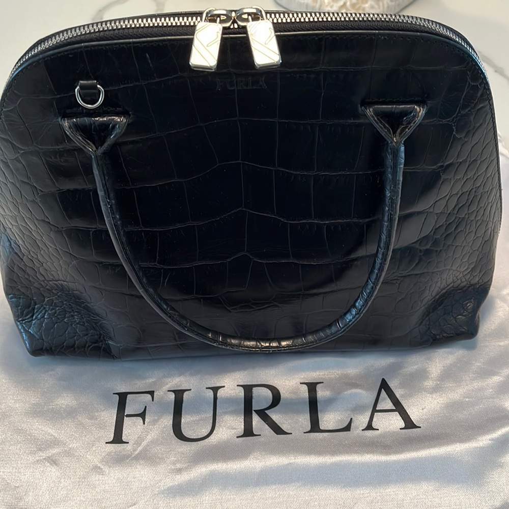 Furla Black Croc-Embossed Leather Handbag with Dust
